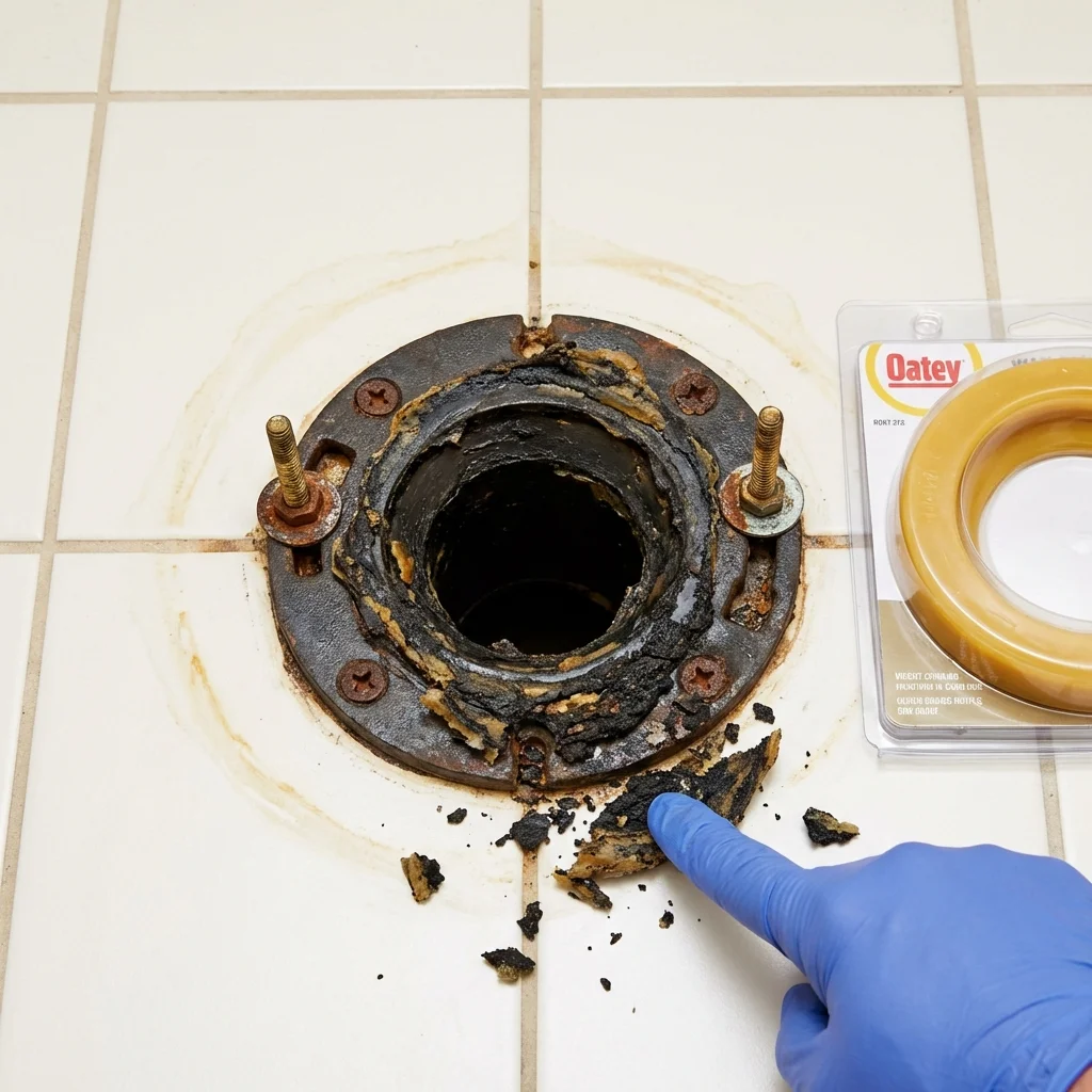 Failed wax ring showing water seepage at the base of a toilet in a Quitman, GA home