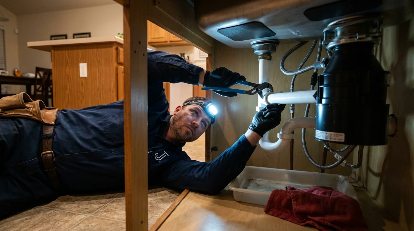 P-trap and supply line connections under a kitchen sink showing a common leak point in Quitman, GA
